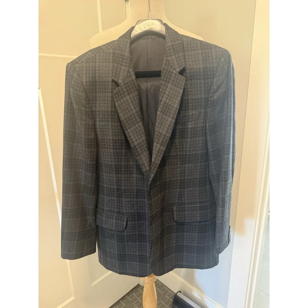 Vince Sport Coat 42 R Mens Navy‎ Blue Plaid Unstructured Wool Slim Blazer
